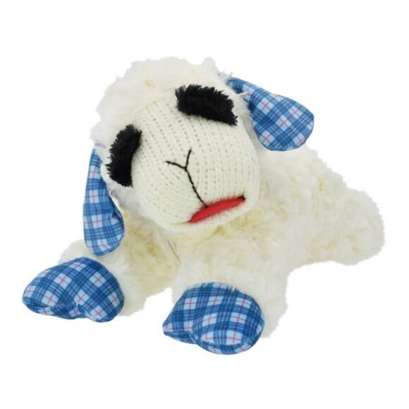 Medium Lamb Chop Dog Toy, Blue Plaid Ears and Paws, Squeaker 12 Inches - Picture 2 of 5